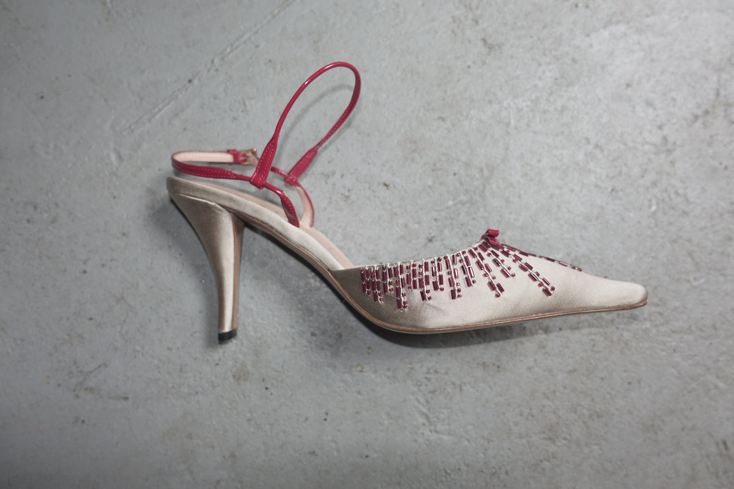 Prada SS 2000 silk + pearl heels