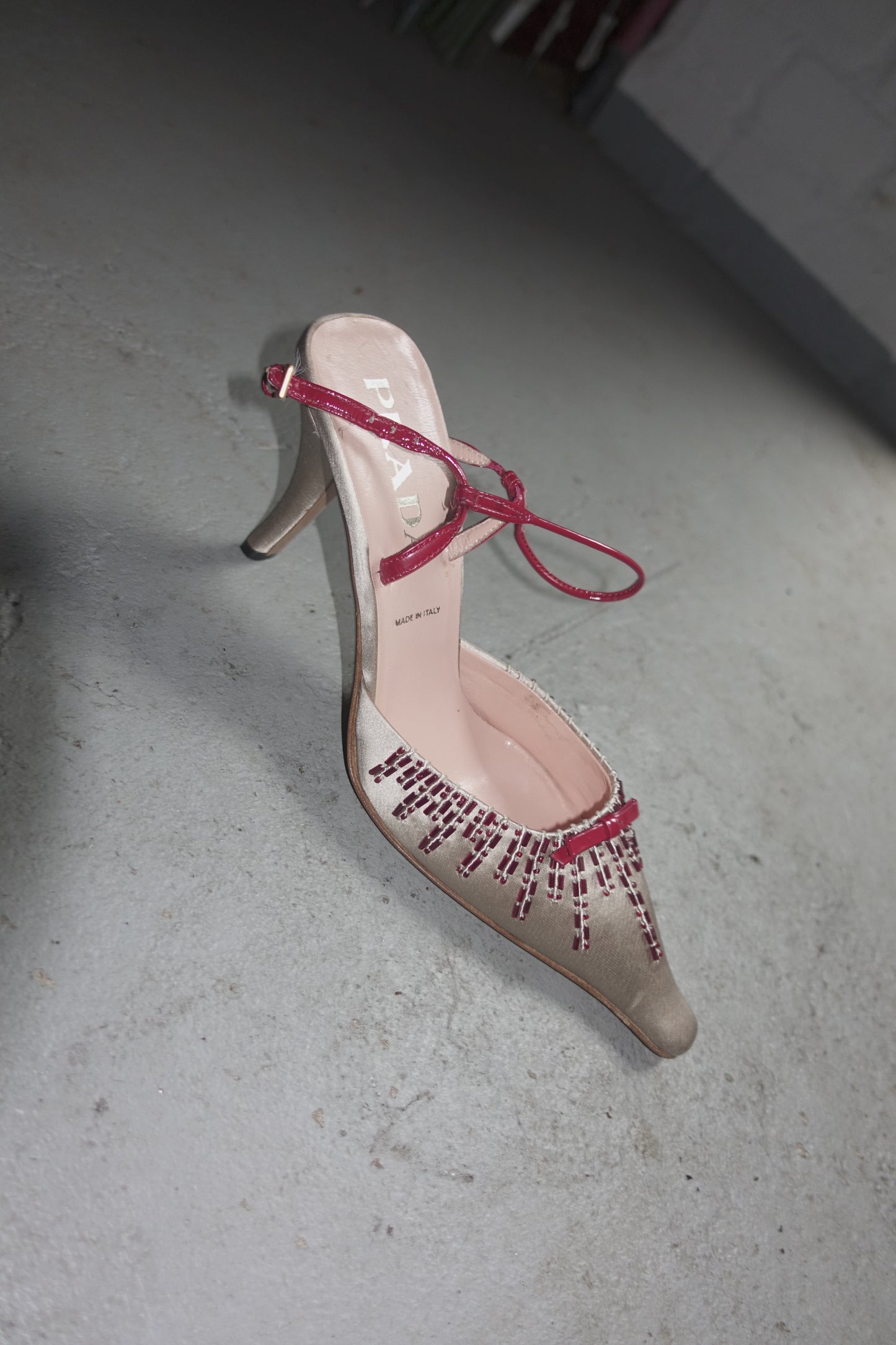 Prada SS 2000 silk + pearl heels