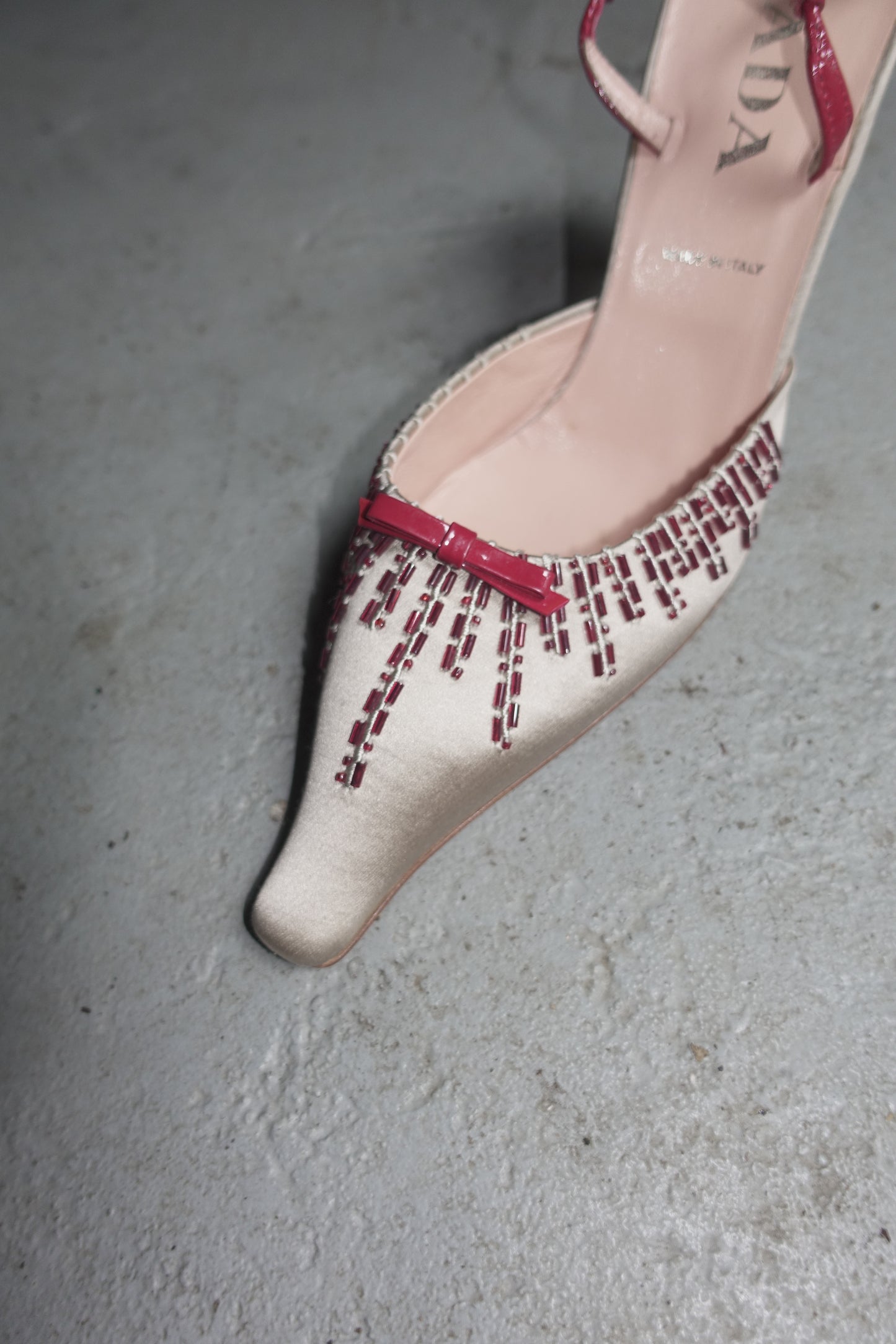Prada SS 2000 silk + pearl heels