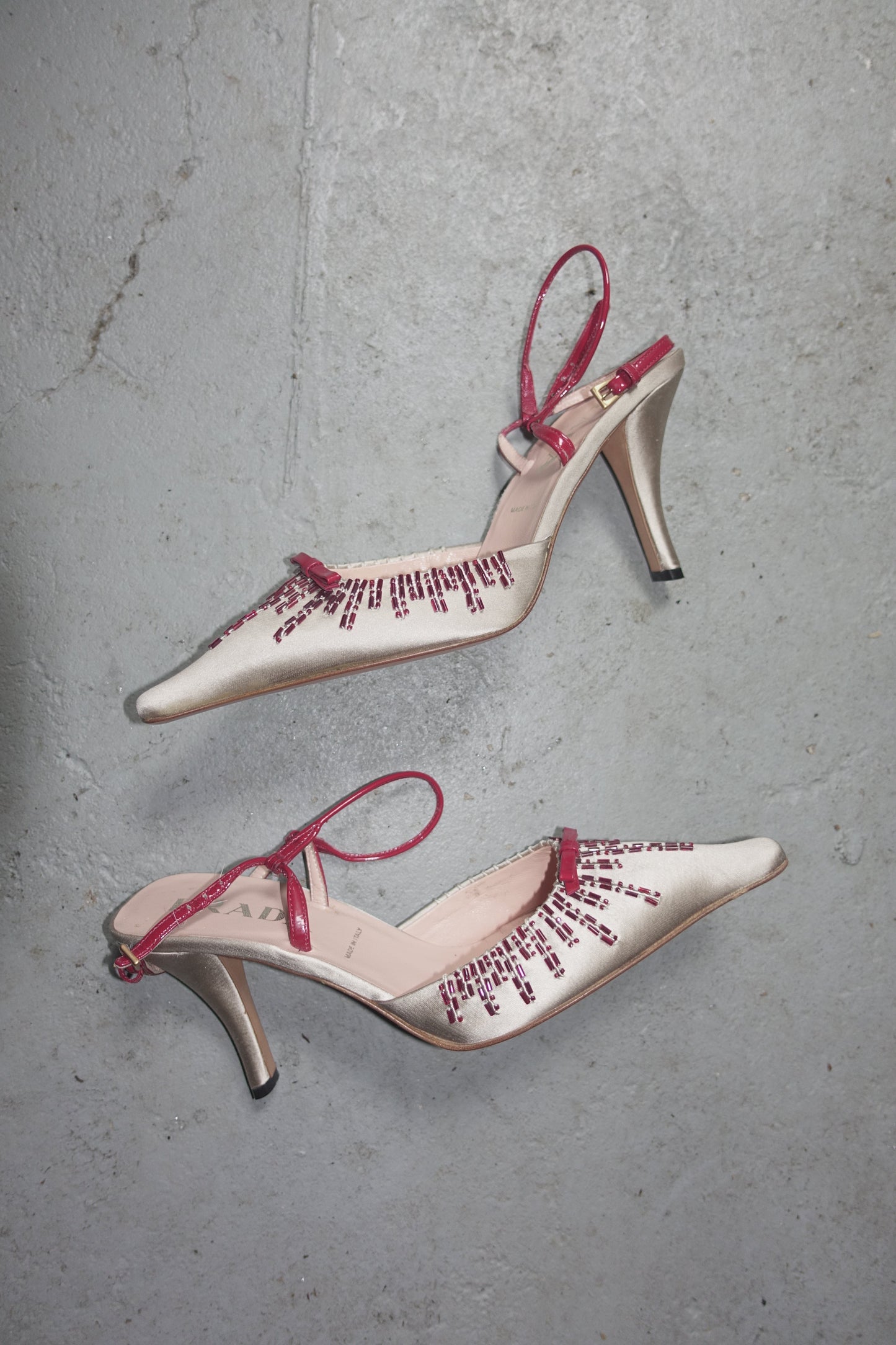 Prada SS 2000 silk + pearl heels