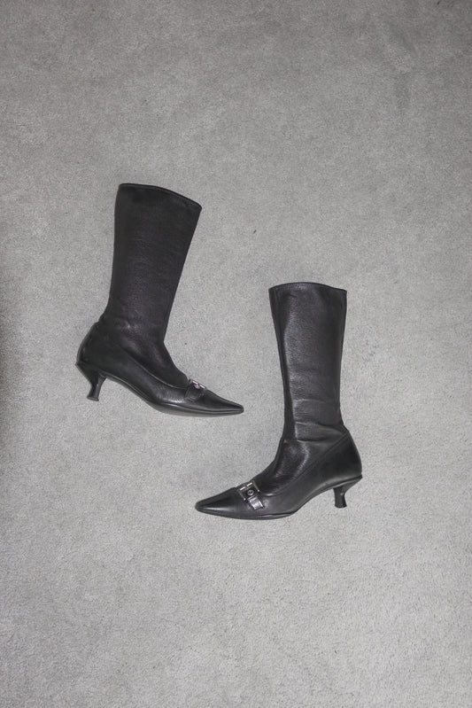 Prada pointed leather boots with buckles