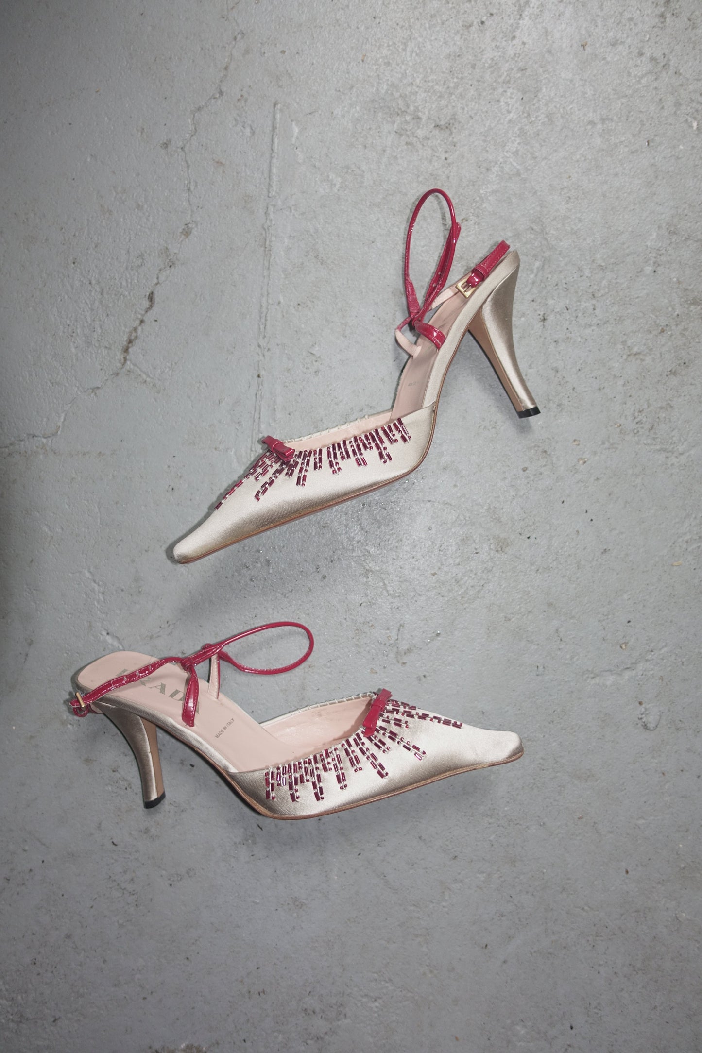 Prada SS 2000 silk + pearl heels