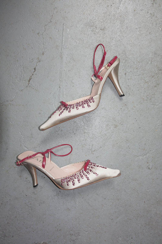 Prada SS 2000 silk + pearl heels